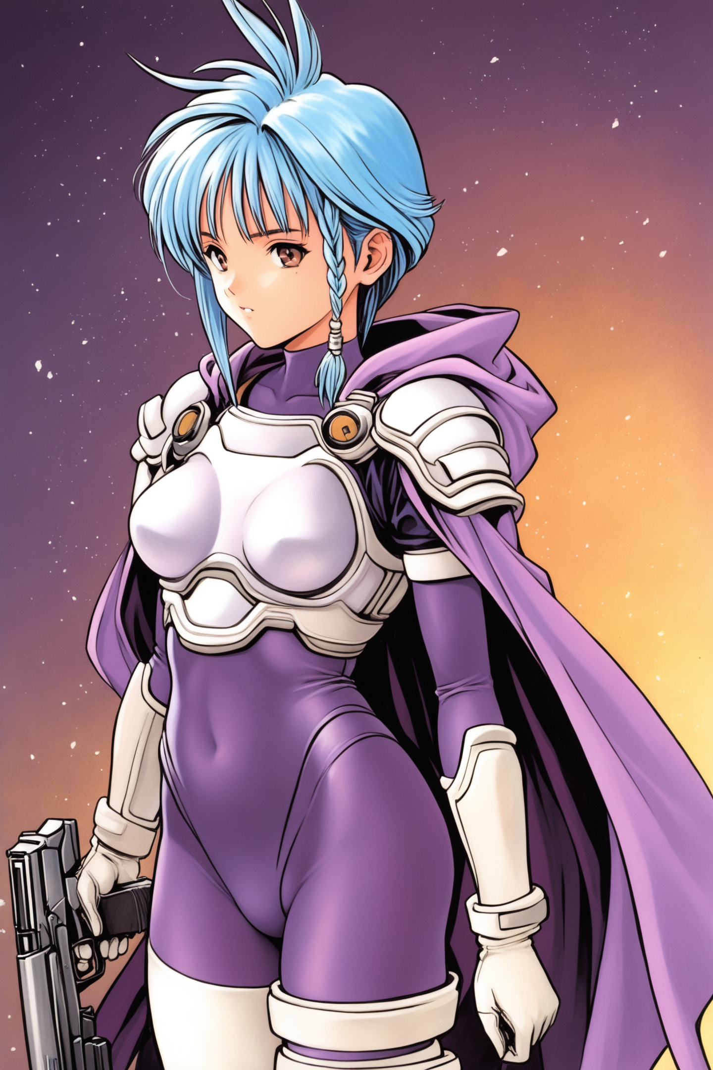 37689-2726192178-Karin Aoi,1girl,solo,weapon,gun,brown eyes,side braid,handgun,short hair,blue hair,white hair,Purple_bodysuit_White_Pauldrons_Wh.png